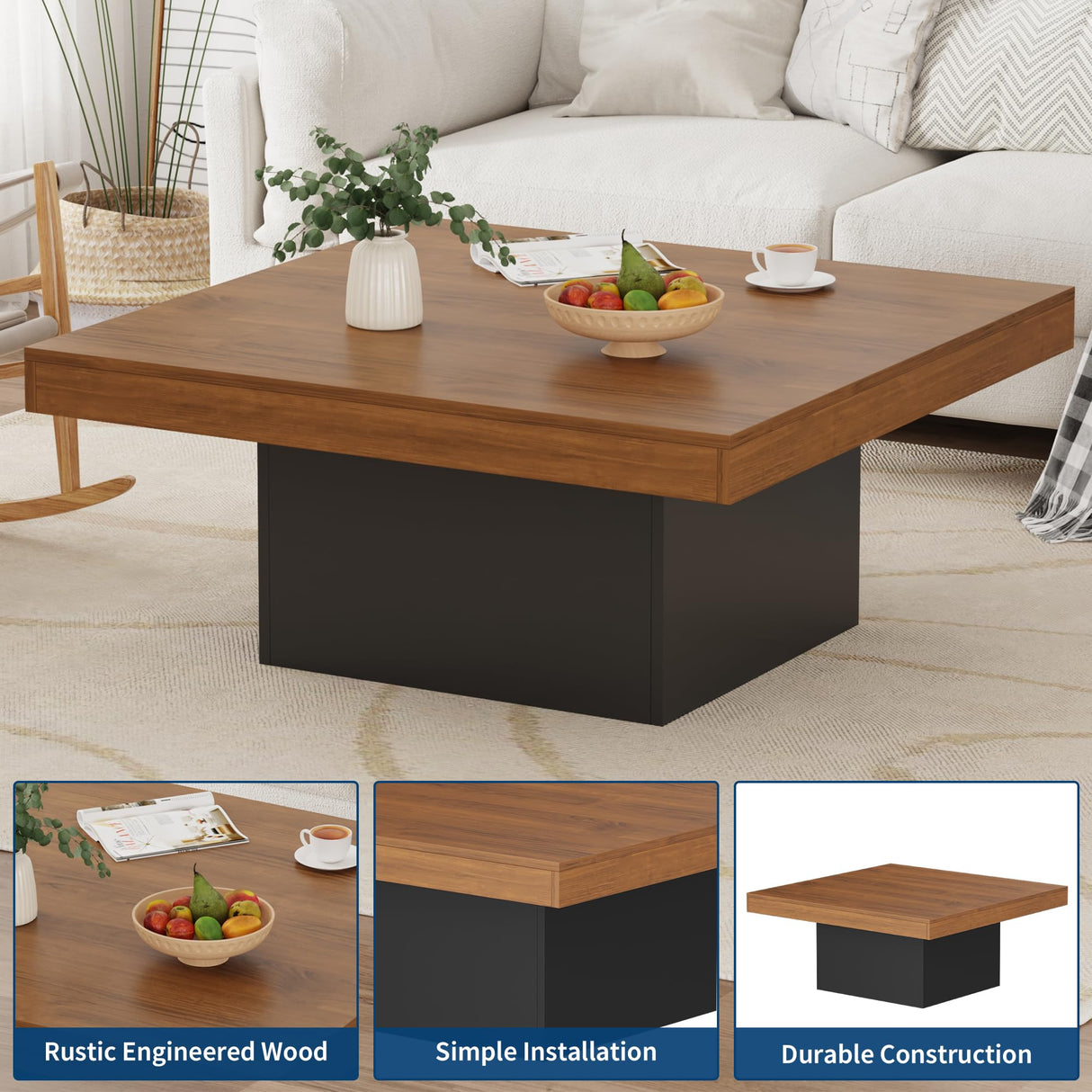 GarveeHome Square Coffee Table with Led Lights, 35 inch Living Room Tables, Modern Coffee Tables with Plug-in 16-Color LED Lights, Cocktail Table for Home Office, Apartment, Reading Room GarveeHome