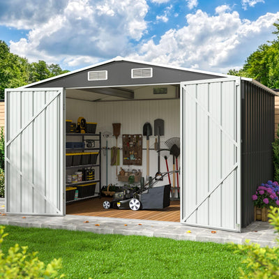DAUSOLA 10x8 FT Outdoor Storage Shed, Metal Garden Tool Shed with Updated Frame Structure and Lockable Doors, Ideal for Backyard Garden Patio Lawn, Grey