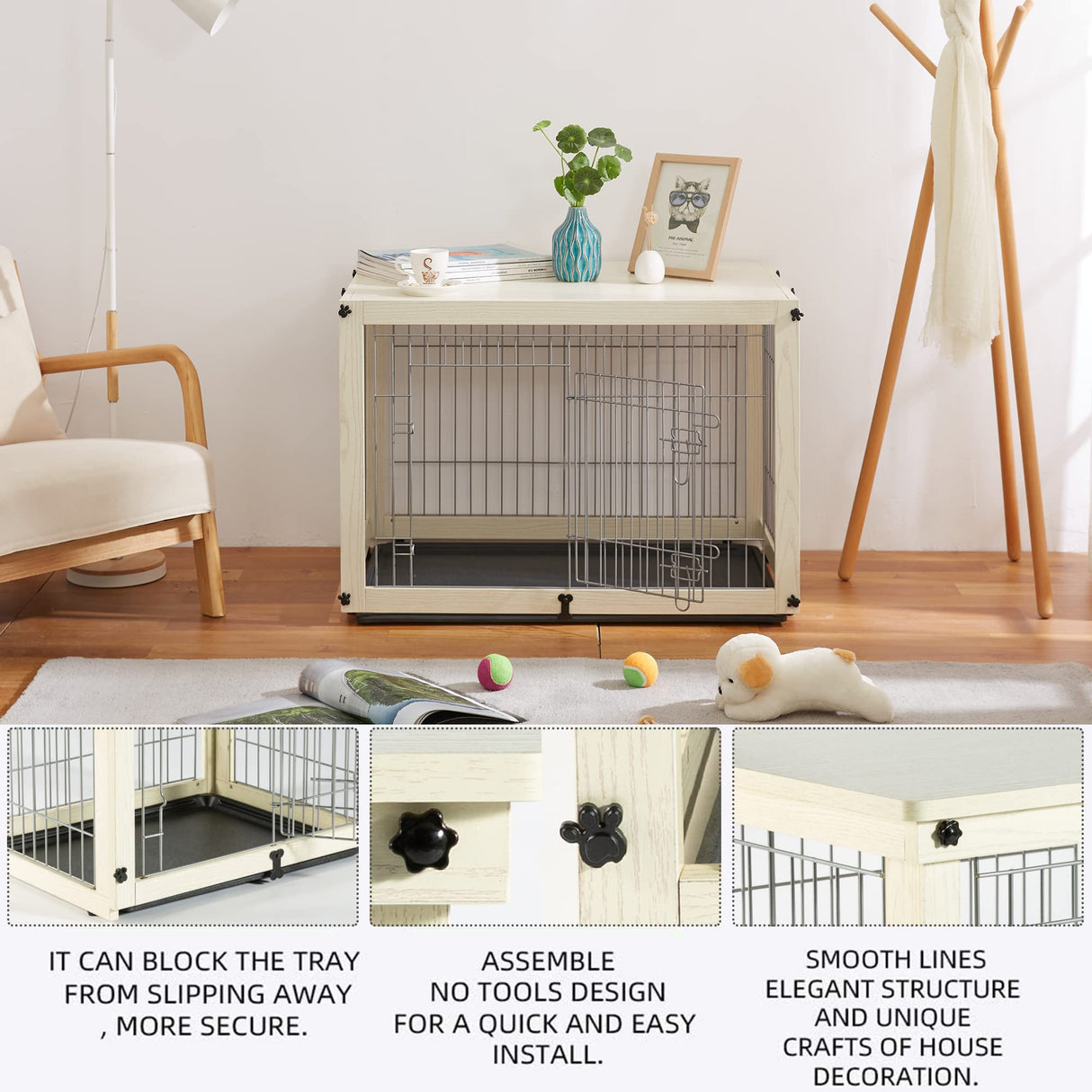 Dog Crate Furniture with Removable Top Cover, Wooden Crate with Tray, Dog Kennel Indoor for Medium/Large Dogs(White, 37.4" L*25.9W*25.8H) Furnipeture