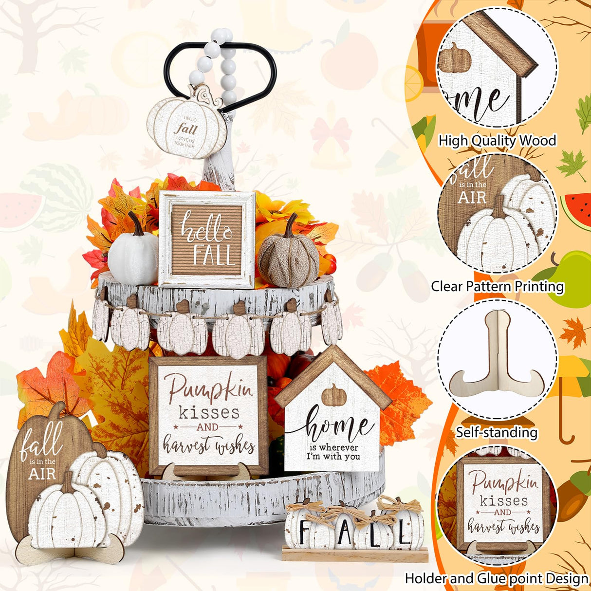 Reallnaive 18 Pcs Fall Thanksgiving Tiered Tray Decor Set Pumpkin Wood Sign Hello Fall Rustic Farmhouse Tray Decoration Tabletop Sign for Autumn Home Kitchen Festival (Neutral) Reallnaive