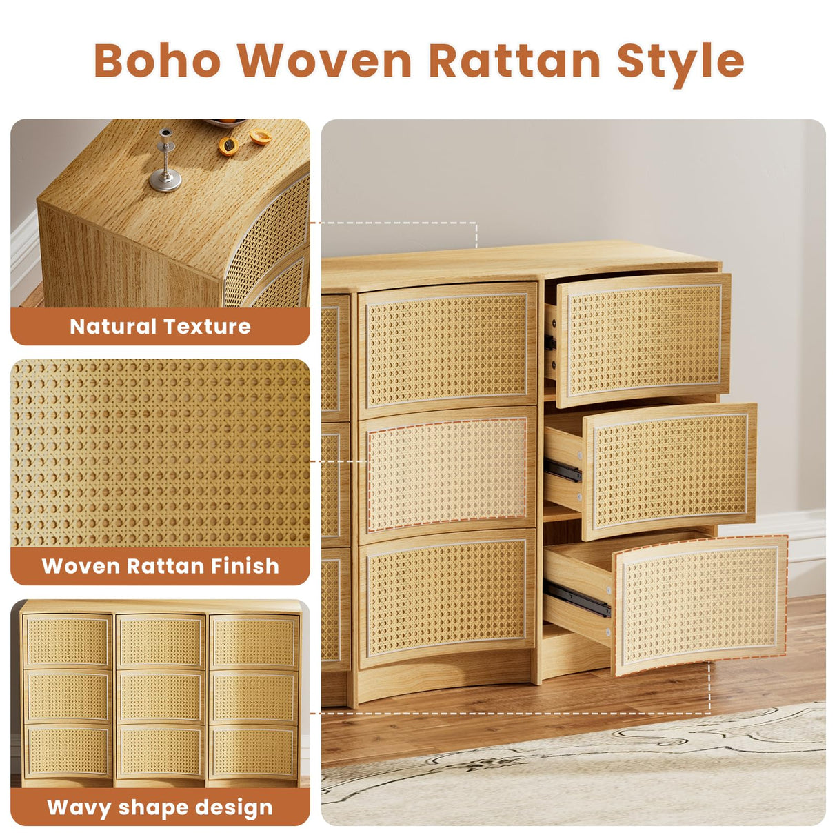 VOPEAK 9 Drawer Dresser for Bedroom, Boho Rattan Dresser, Modern Wood Storage Chest of Drawers with Handle-Free Design, Press to Pop Up Drawer, Side Table for Entryway, Living Room, Closet, Natural VOPEAK