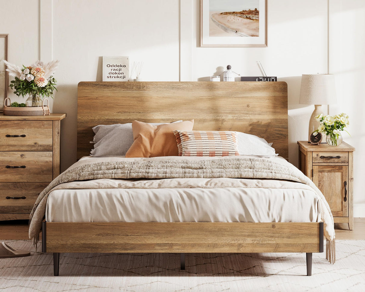LINSY Wood Full Size Bed Frame with Ergonomic Headboard, Farmhouse Beds Frame Full with Storage Shelf, 45-Min Fast Assembly Wood Bed Full, Noise-Free, No Box Spring Needed - Brown LINSY