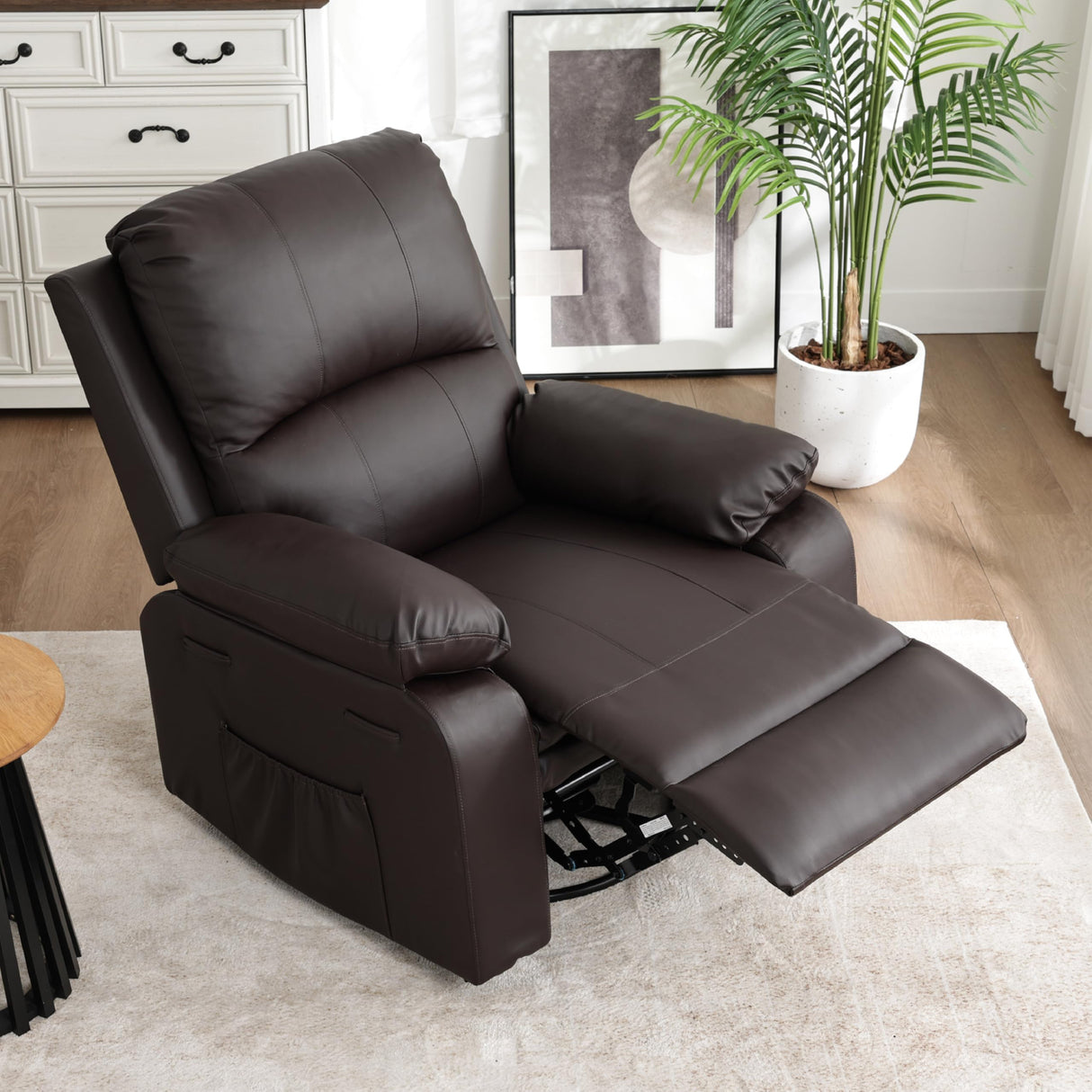 zzlay 360° Swivel Rocking Leather Recliner Chair for Adults, Overstuffed Manual Recliner with Spring Cushion, Glider Rocking Nursery Single Sofa with Side Pockets for Living Room, Coffee Brown zzlay