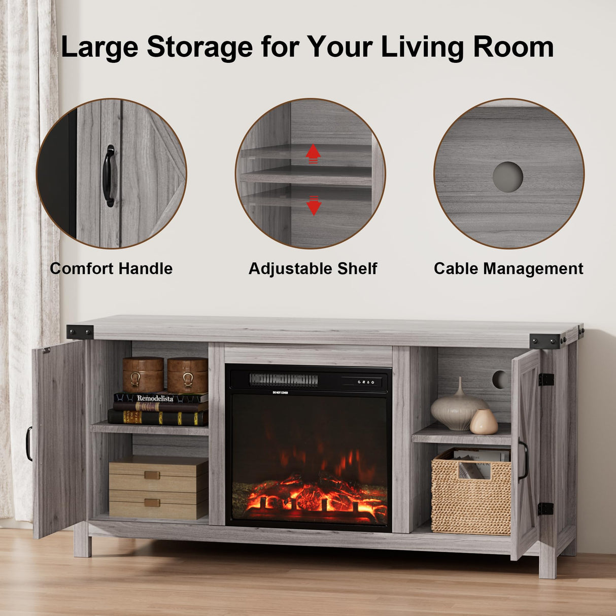 Furmax Fireplace TV Stand for Up to 65 Inches TVs, Farmhouse Entertainment Center with Grooved Barn Doors, Rustic Media Console Table with Storage Cabinets for Living Room (Grey Wash) Furmax