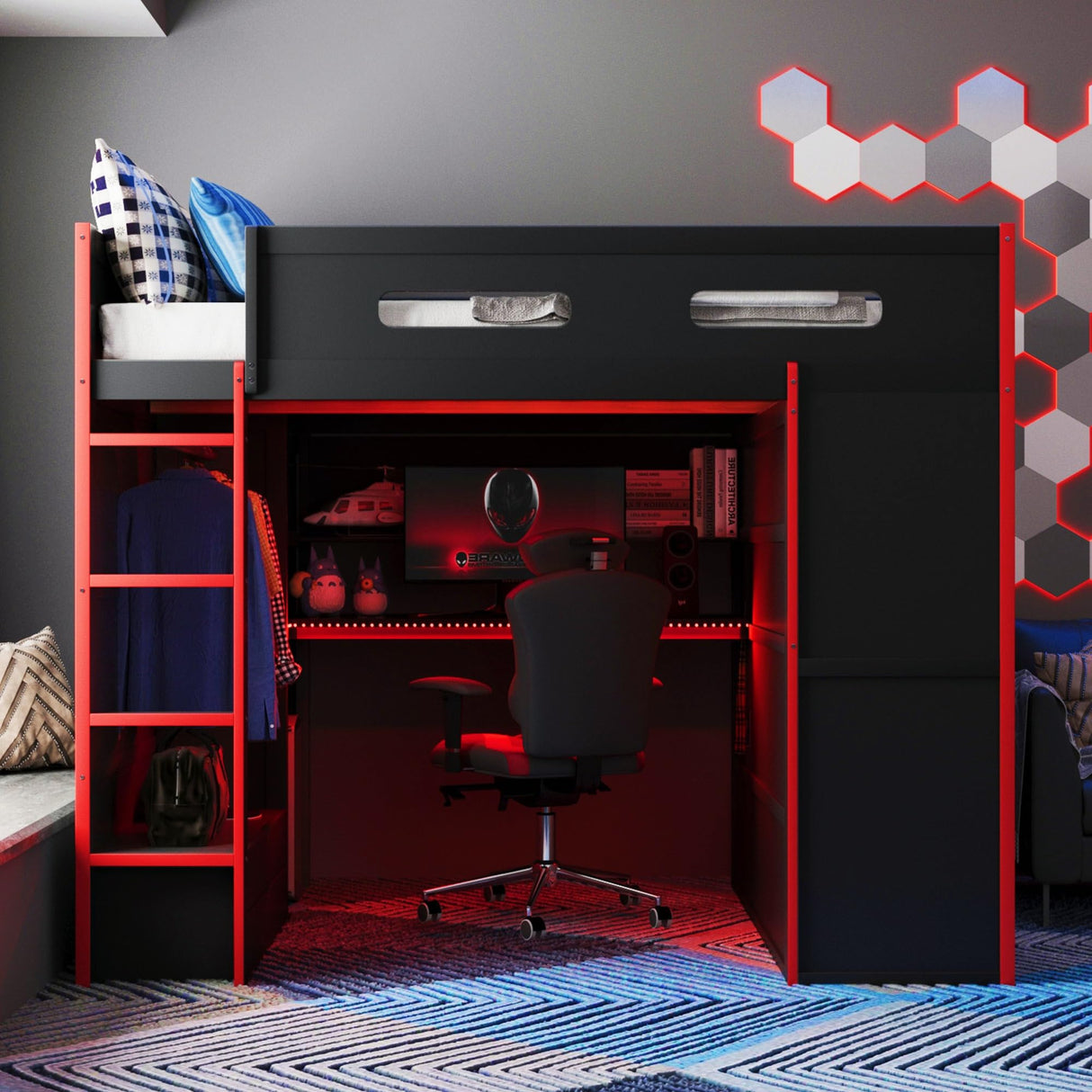 Brabrety Modern Full Size Wood Gaming Loft Bed with Desk and Wardrobe,USB Port and RGB LED Light,for Kids Teens Adults Bedroom Use (Red#RGB, Full) Brabrety