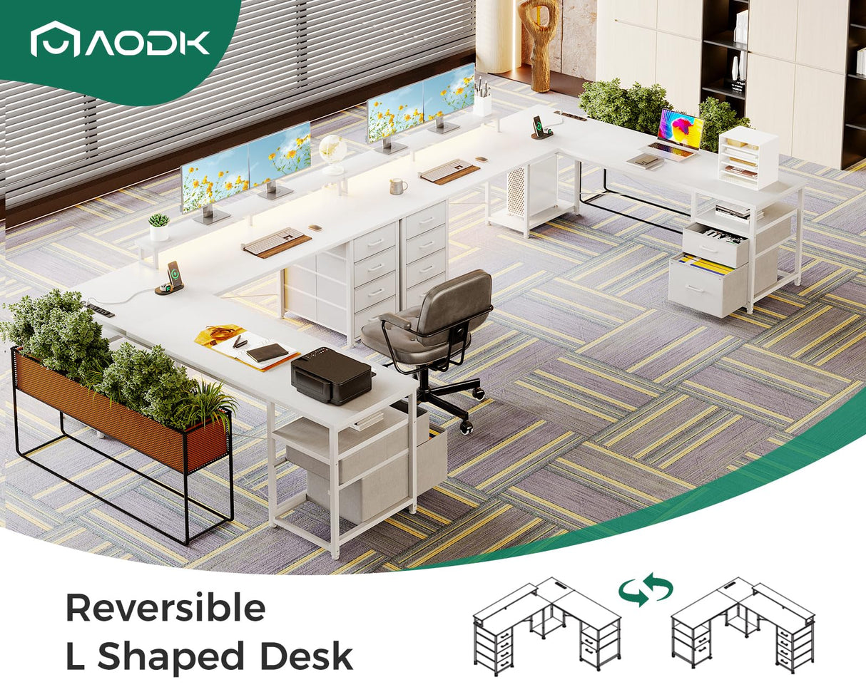AODK 66" L Shaped Computer Desk, 113“ Reversible Home Office Desk with File Cabinet & 4 Fabric Drawers, Two Person Desk with LED Lights & Power Outlet, Corner Gaming Desk with Monitor Shelf, White AODK