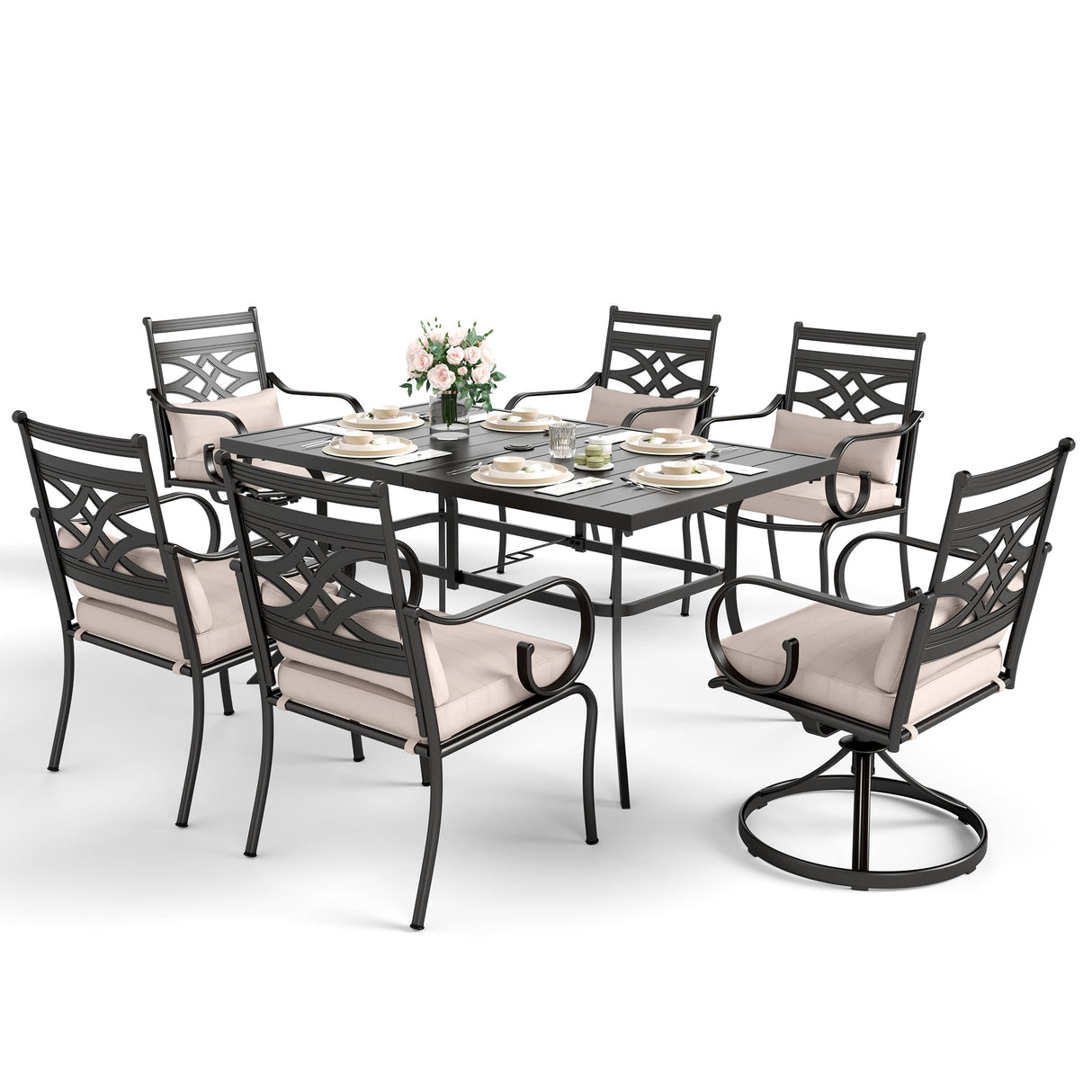 Sophia and William Outdoor Patio Dining Set for 6, Outdoor Table and Chairs, Removable Seat Cushions, 4 Fixed,2 Swivel Chairs, 59" Black Patio Dining Table Sophia & William
