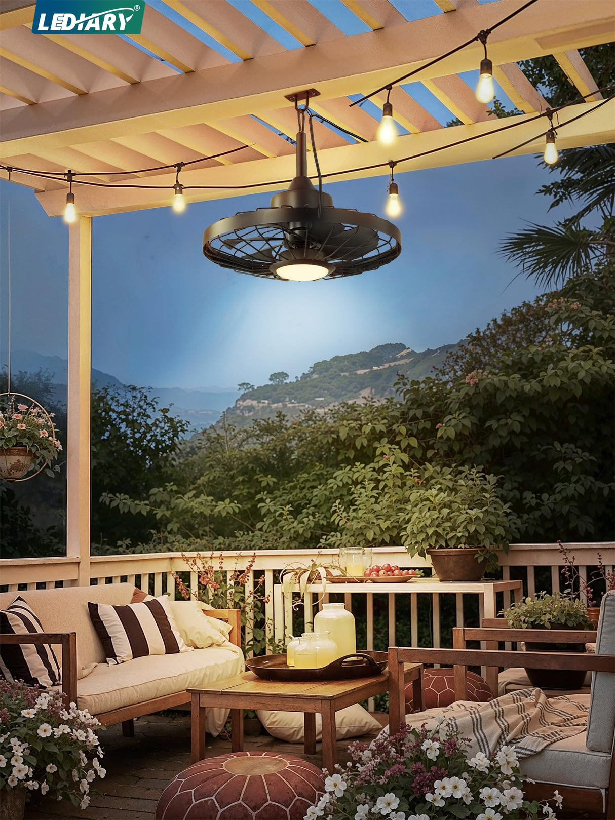 LEDIARY 20" Outdoor Ceiling Fan with Lights,IP65 Waterproof Gazebo Hanging Fan with Remote Control Smart App, Plug in Caged Ceiling Fan with 3CCT 6-Speeds for Patio Porch Pergola(Black) LEDIARY