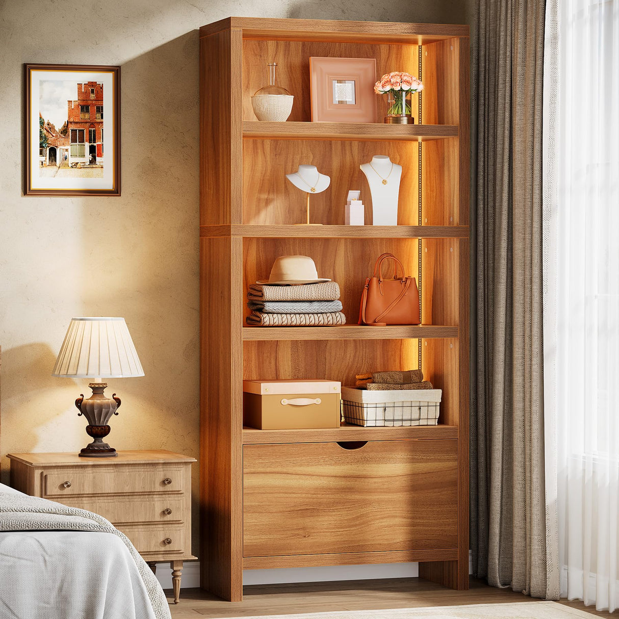 Tribesigns 70.9" Tall Bookshelf with File Drawer, Farmhouse 5-Tier Bookcase with LED Lights, Wooden Open Display Shelf Organizer for Living Room & Bedroom & Home Office (Walnut) Tribesigns