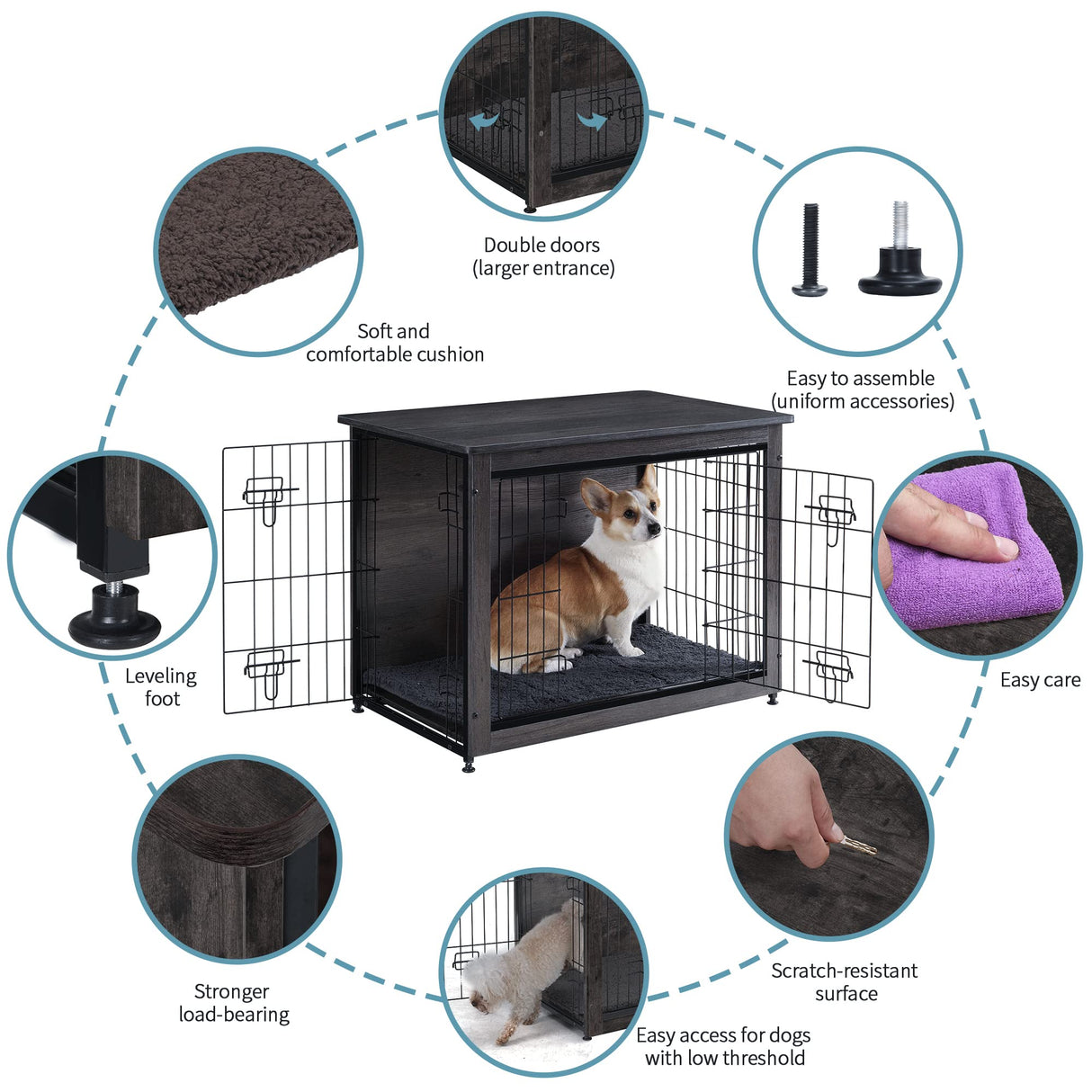 DWANTON Dog Crate Furniture with Cushion, Medium Wooden Dog Crate with Double Doors, Dog Furniture, Indoor Dog Kennel, End Table, Medium, 32.5" L, Dark Grey Dwanton