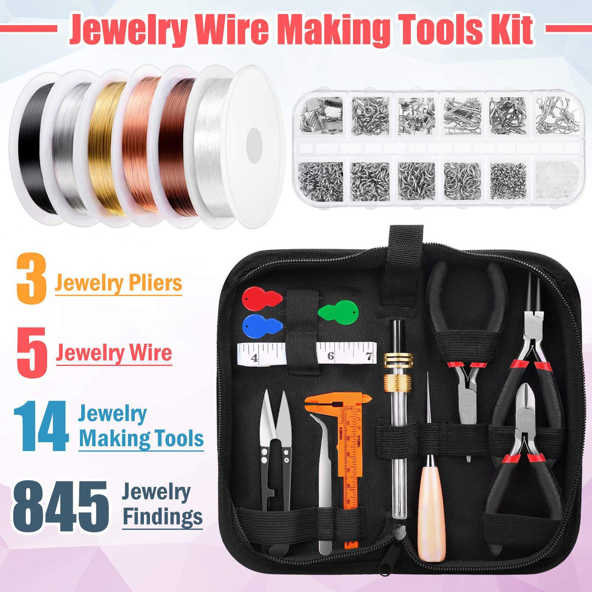 Thrilez Wire Wrapping For Jewelry Making, Repair and Beading Supplies Kit with Craft Ring Wire, Tools, Pliers and Jewelry Findings Thrilez