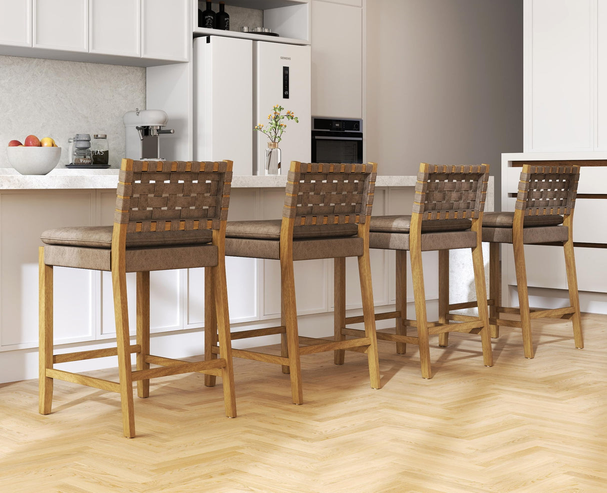 EALSON Mid Century Rattan Bar Stools Set of 4 Modern Farmhouse Barstools with Leather Woven Backs 26 Inch Wooden Counter Stool Breakfast Upholstered Bar Chairs for Kitchen Island, Brown EALSON