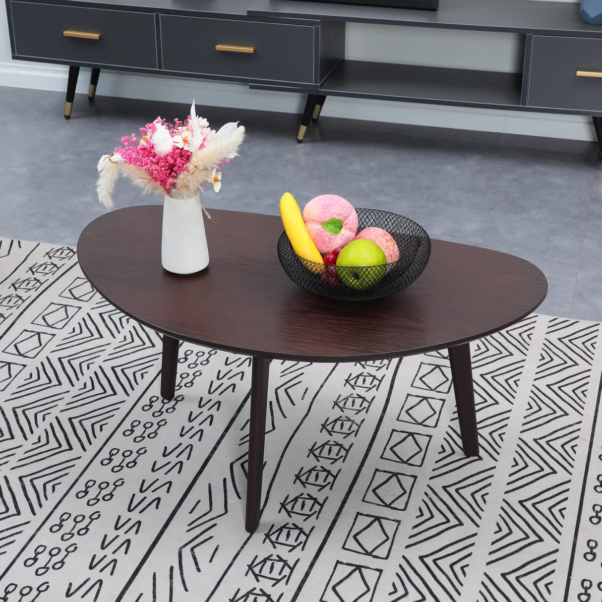 FIRMINANA Small Oval Coffee Table for Living Room,Mango Tabletop Mid Century Modern Coffee Table,Espresso,18.9" D x 33.47" W x 15.75" H FIRMINANA