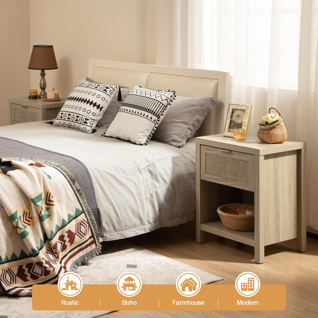 SICOTAS Rattan Nightstands Set of 2, Farmhouse Night Stands with Drawer Bedside Table - Boho End Table Side Table Accent Table for Bedroom Living Room, Light Oak Wood SICOTAS