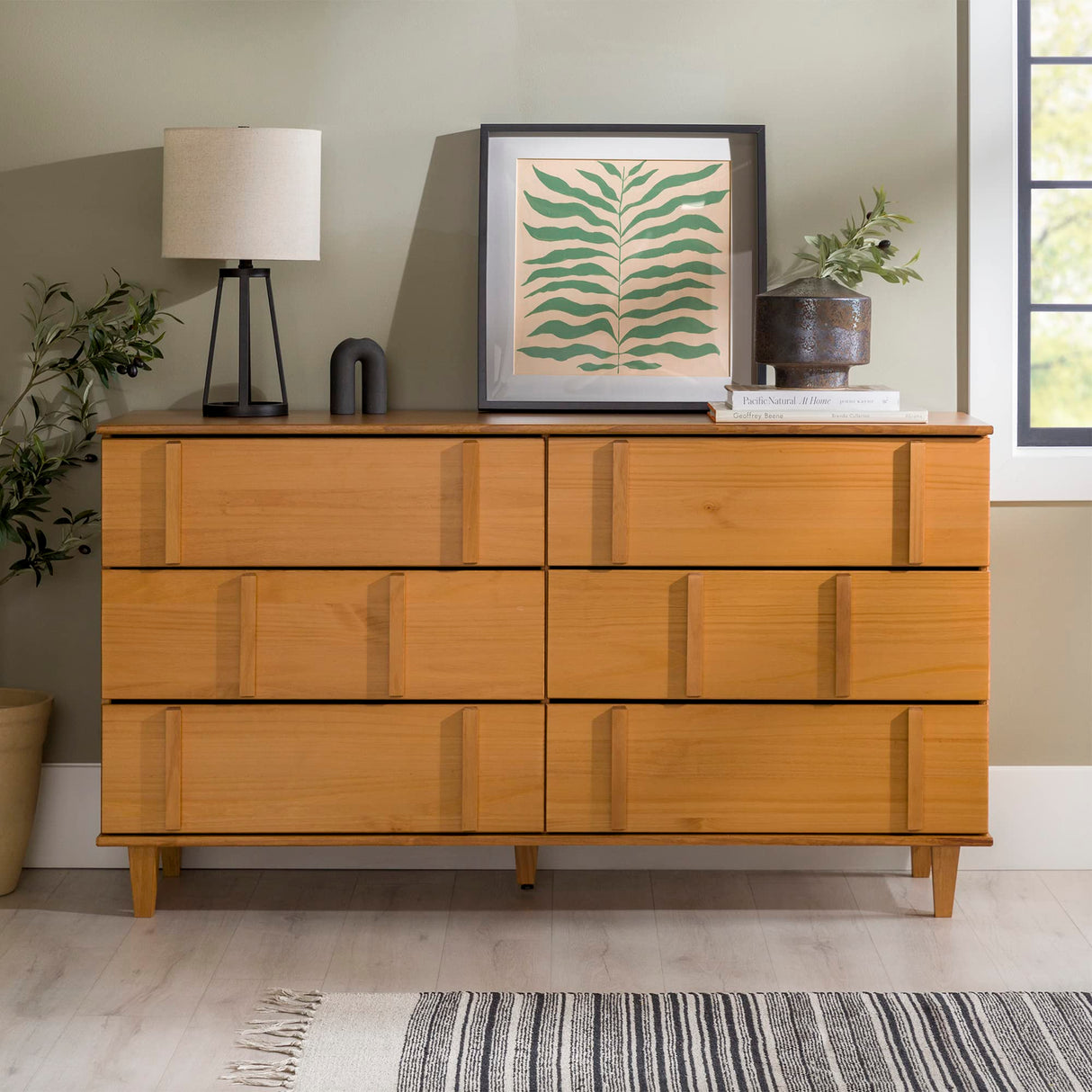 Walker Edison Contemporary Detailed 6-Drawer Solid Wood Dresser, 60 Inch, Caramel-T Walker Edison