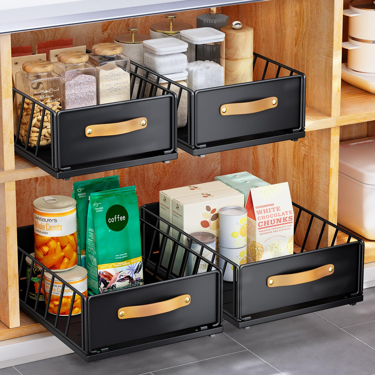 Pull out Cabinet Organizer Fixed with Adhesive Nano Film,Heavy Duty Slide out Pantry Shelves Drawer Storage,Sliding Mesh Cabinet Basket with Handle for Kitchen, Bathroom,Home, 11.8"W X15.7"D X6.2"H Kitstorack