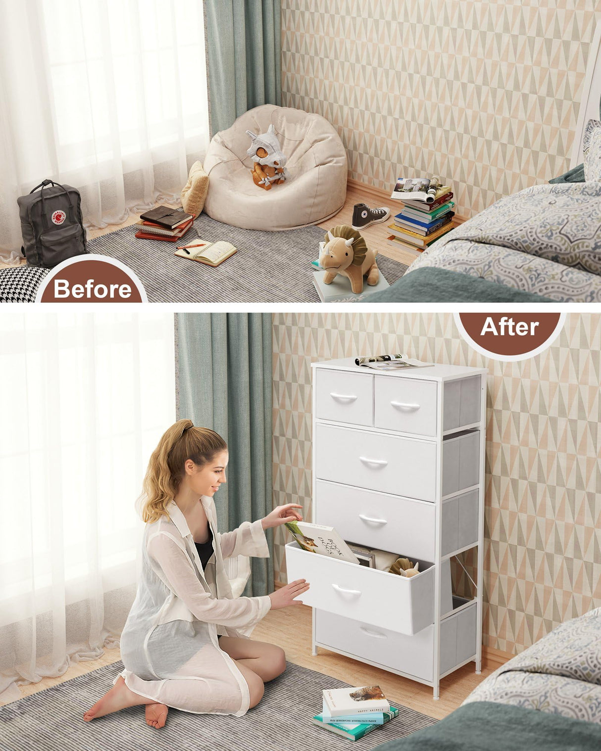Crestlive Products Tall Dresser for Bedroom Vertical Skinny Dresser - Sturdy Steel Frame, Wood Top, Easy Pull Fabric Bins- Organizer Unit for Bedroom, Entryway, Closets - 6 Drawers (White) Crestlive Products