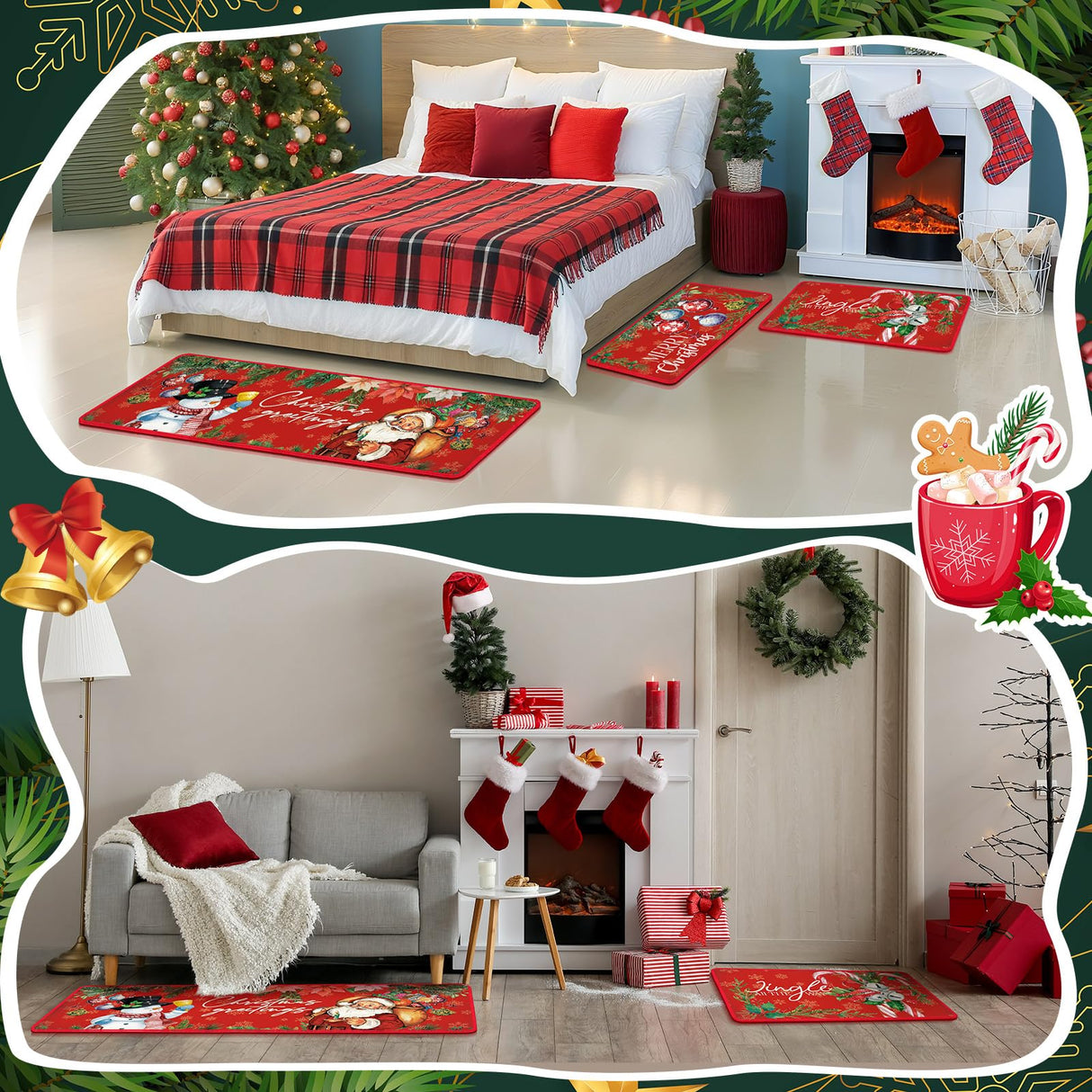 Drydiet 3 Pcs Christmas Kitchen Rugs and Mats Set Xmas Winter Farmhouse Non Slip Rugs Christmas Snowman Candy Holly Berries Floor Mats for Kitchen Home Hallway Holiday Decor, 17 x 29 and 17 x 47 Inch Drydiet