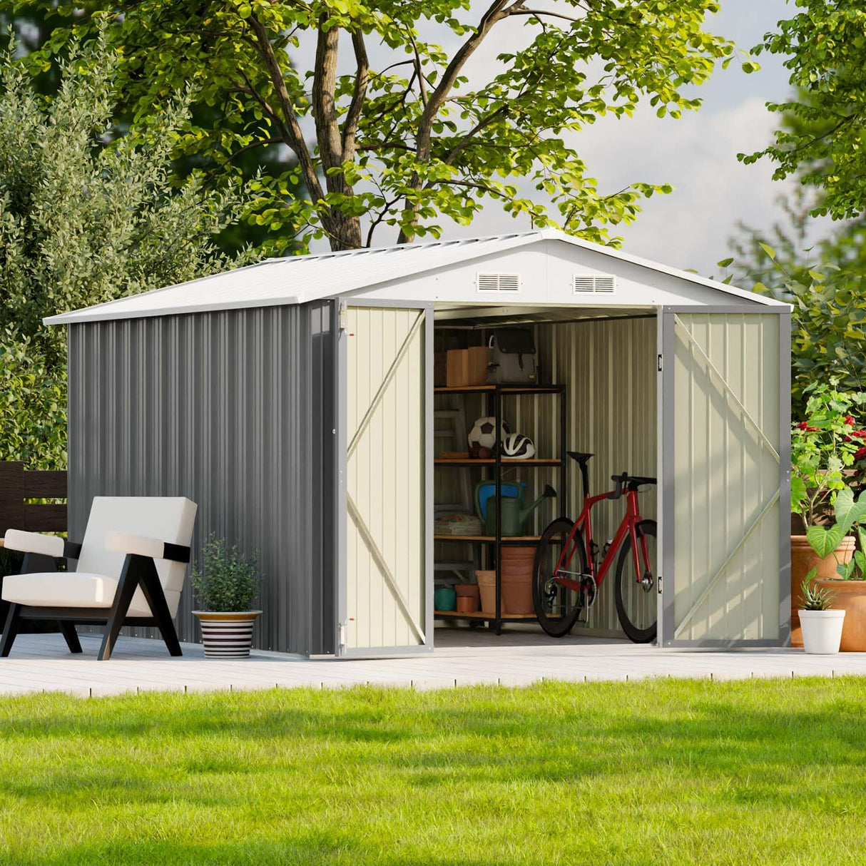 Patiowell 8x10 FT Outdoor Storage Shed, Large Garden Tool Metal Shed with Sloping Roof and Double Lockable Door, Outdoor Sheds for Backyard Garden Patio Lawn,Grey Patiowell