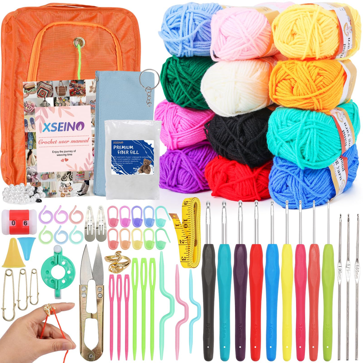 XSEINO Crochet Kit with Step-by-Step Video Tutorials,Premium Bundle Includes 12 Roll x50Yard Acrylic Yarn Balls, 12 Crochet Hooks, Crochet Bag and All Accessories Kit, Crochet Kit for Beginners XSEINO
