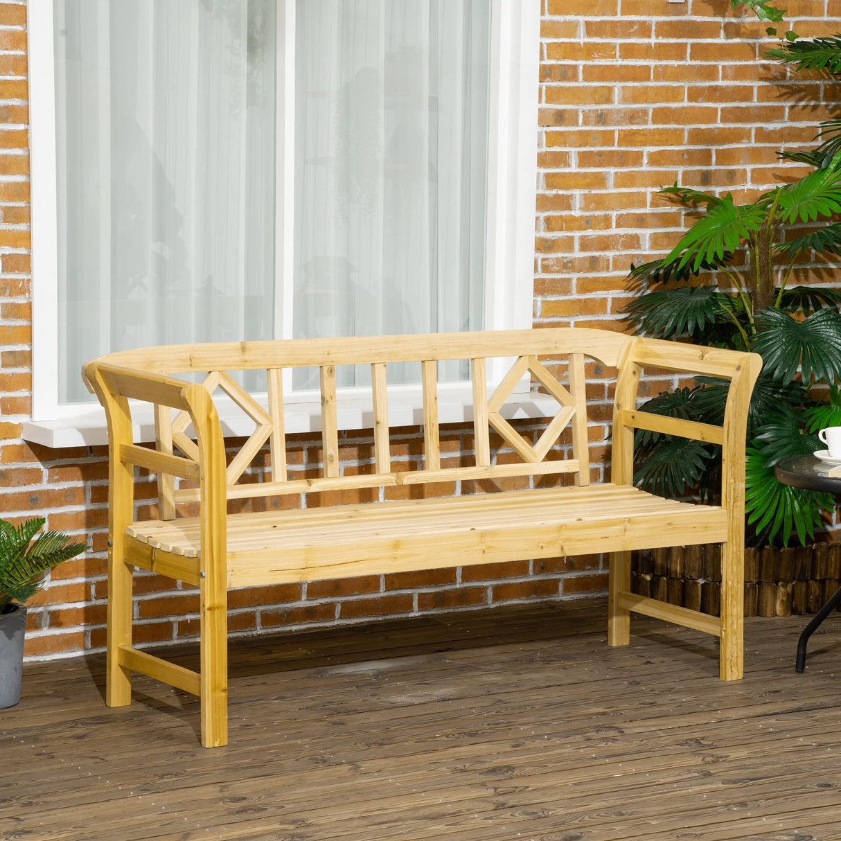 Outsunny Rustic Three-Seat Wooden Patio Bench with Backrest and Armrests Outsunny