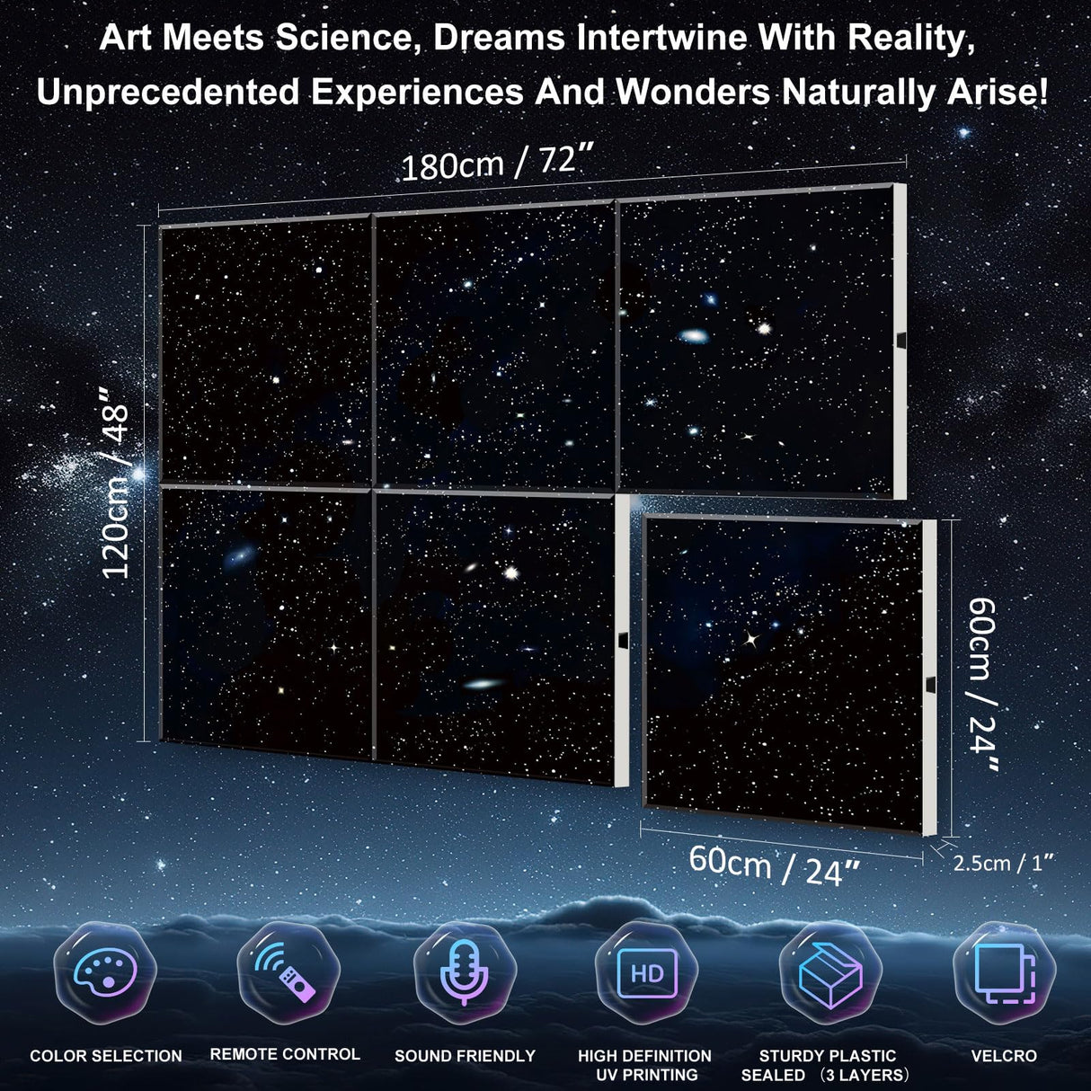 JBER Acoustic Panels, Self-Adhesive Soundproof Wall Art Painting with Fiber Optic Starlight Flashes, Celling Decoration - Fire & Noise Proof for Studio, Office, Home (Starry Sky, 72" × 48", 6Pcs) JBER