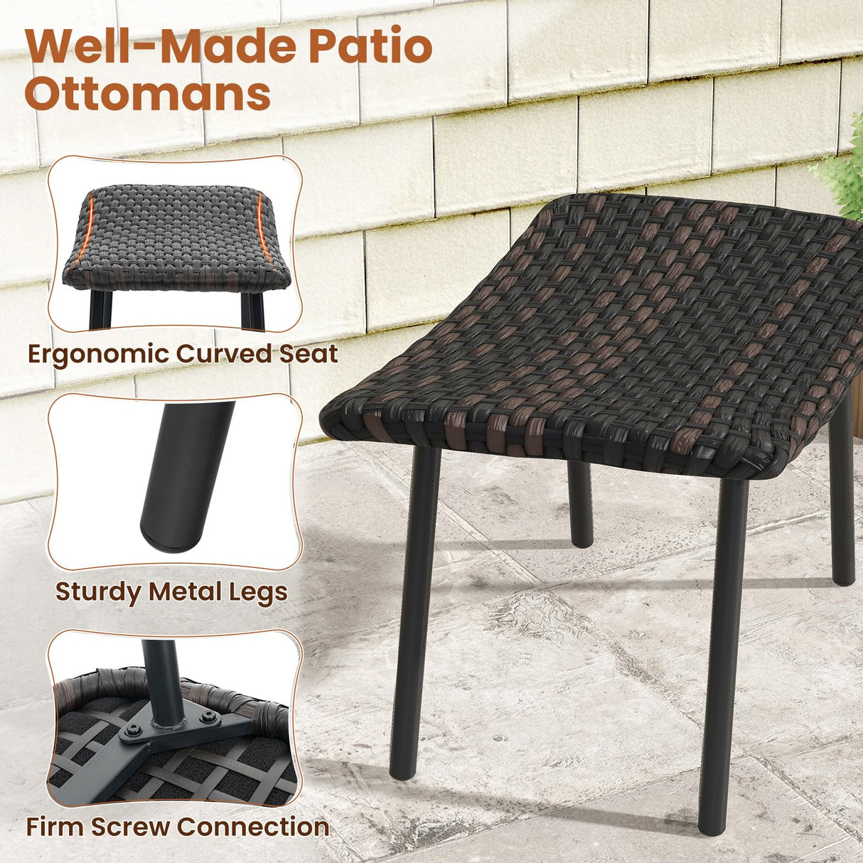 Tangkula Set of 2 Patio Ottomans, Multipurpose Rattan Ottomans w/Padded Quick Dry Foam & Heavy-Duty Metal Legs, Outdoor Wicker Footrest Extra Seating for Poolside, Backyard All Weather Resistant Tangkula