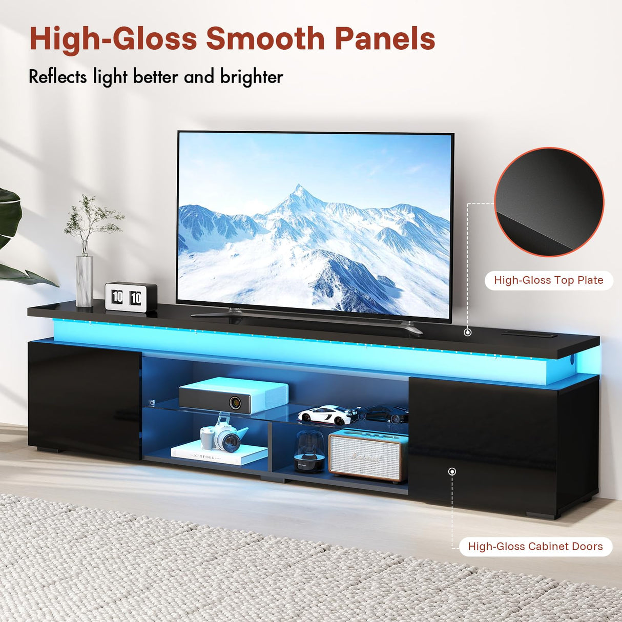 Redkey Modern TV-Stand with Light - Television Stands for 70 75 80 Inch TVs - Entertainment Center with Storage Cabinet for Bedroom Living Room - Open Glass Shelves - 2AC Outlet - Black Redkey