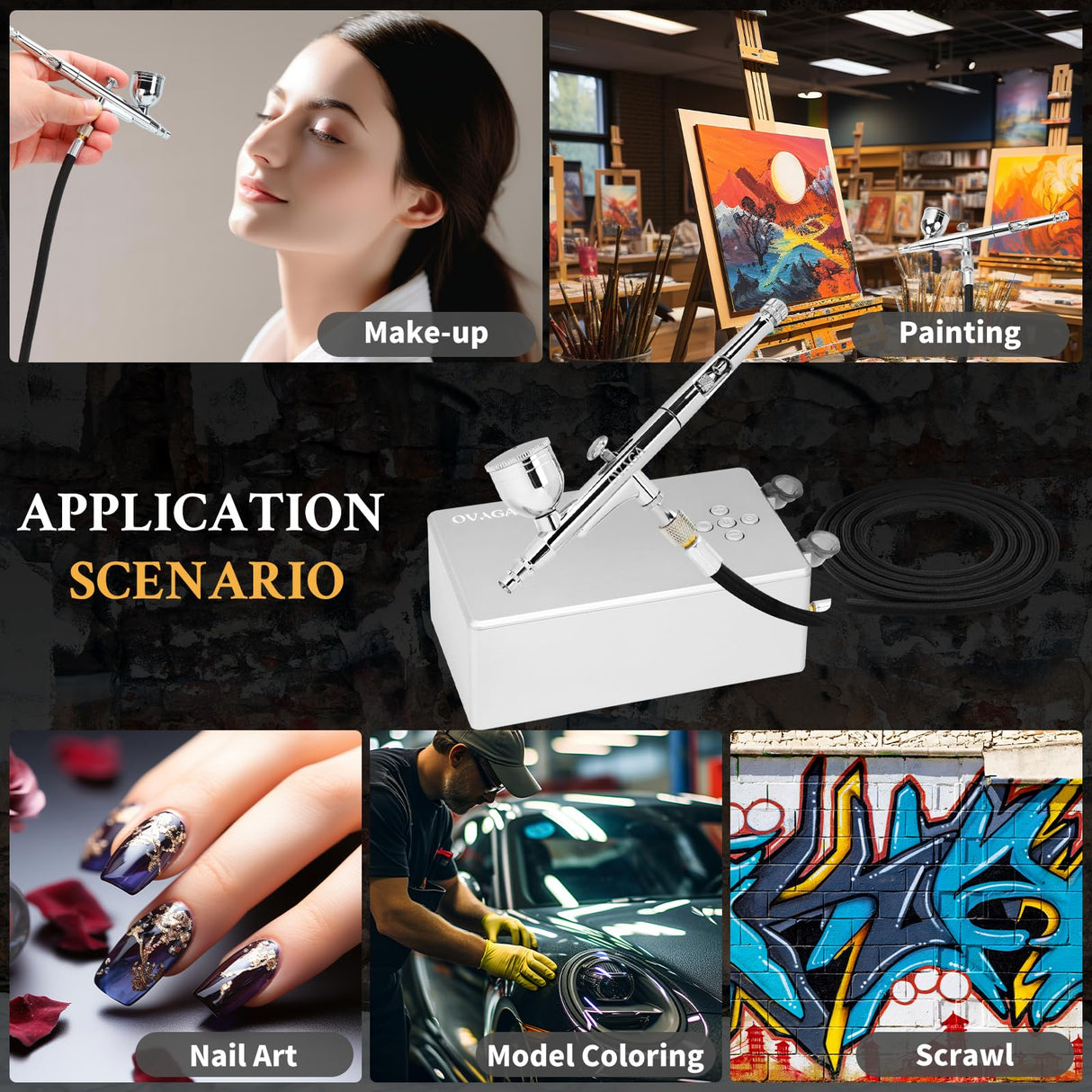 Ovaga 55PSI Ultra-Silent Airbrush Kit, Dual-Action Multi-Function Airbrush Set with Compressor for Painting Portable Air Brush Set for Cake Decoration Makeup Art Craft Nail Design Model Tattoo Ovaga