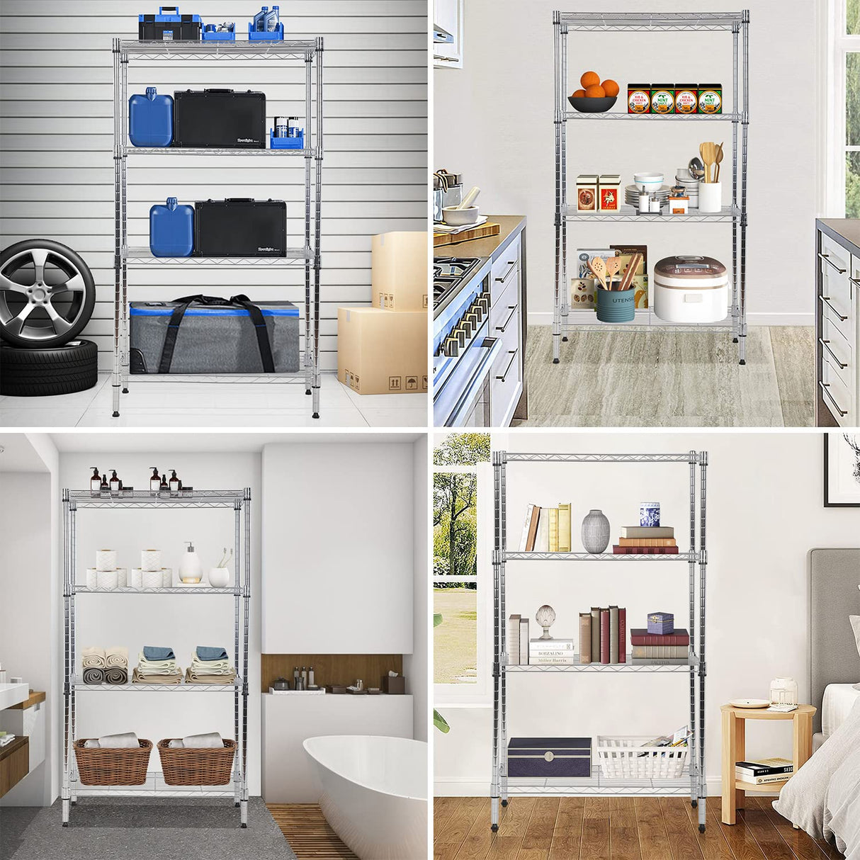 4 Tier Metal Storage Shelves 36" L x 14" W x 54"H Adjustable Wire Shelving Unit 1000LBS Metal Shelves Garage Storage Pantry Shelves Storage Rack Wire Rack Shelf Steel Shelves for Storage, Chrome XXkseh