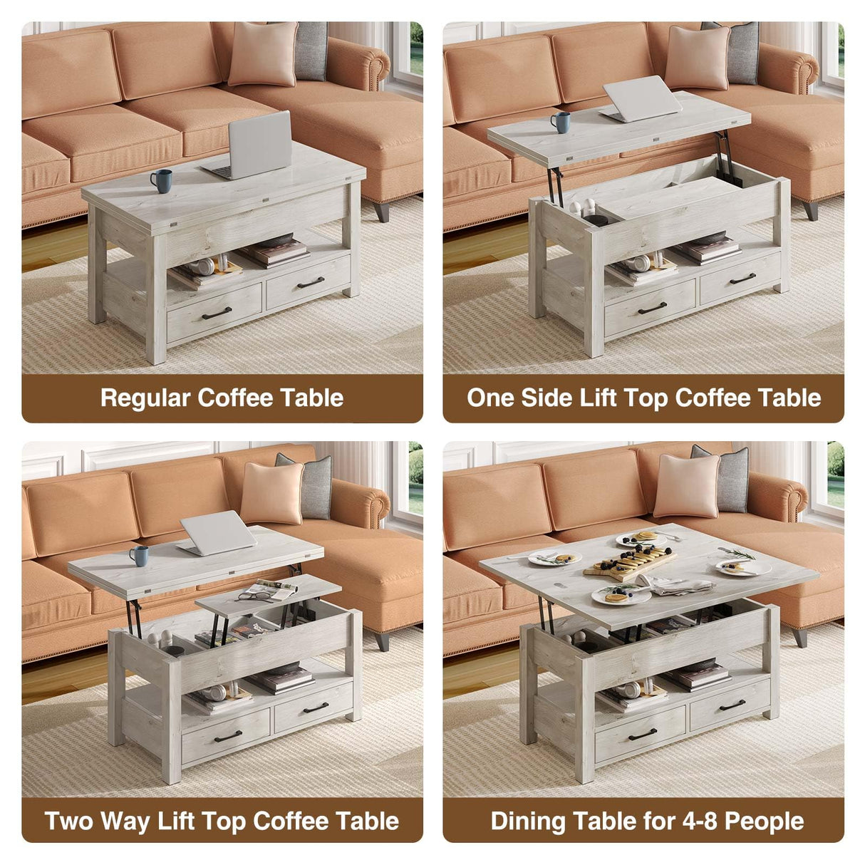 Rolanstar Coffee Table Lift Top, Multi-Function Convertible Coffee Table with Drawers and Hidden Compartment, Converts to Dining Table for Living Room, Home Office,Grey Rolanstar