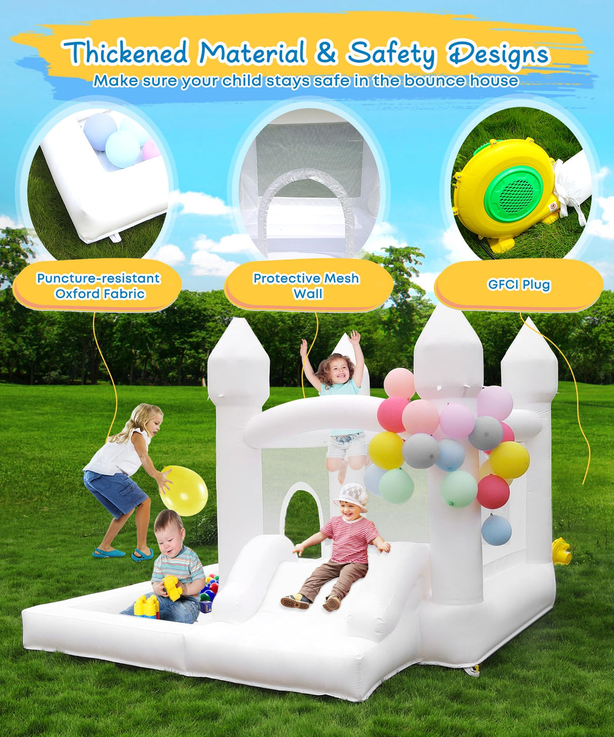 NBSPORT White Bounce House with Blower Included, 9x9x7FT Inflatable Bounce House Castle with Ball Pit and Slide,Small Jumper Bouncy Castle, Fun for Kids Birthday Party NBSPORT