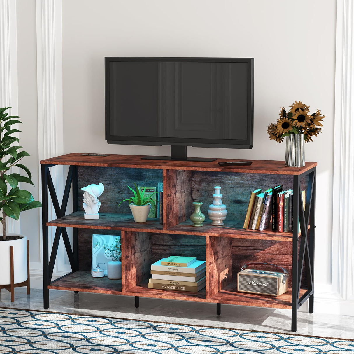 Horizontal Bookshelf,Industrial Modern 5 Cube Low Wide Cubby Bookcase with led Light,Long Wood and Metal Storage Organizer Open Shelf, Book Shelf Bedroom Storage for Home Office Living Room(Brown) Adompacat