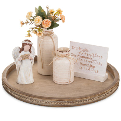 Hanobe Large Round Decorative Tray: Coffee Table Beaded Tray Rustic Wood Trays Decor Farmhouse Ottoman Circle Tray Vintage Centerpiece Wooden Serving Trays for Living Room Home for Counter, Brown