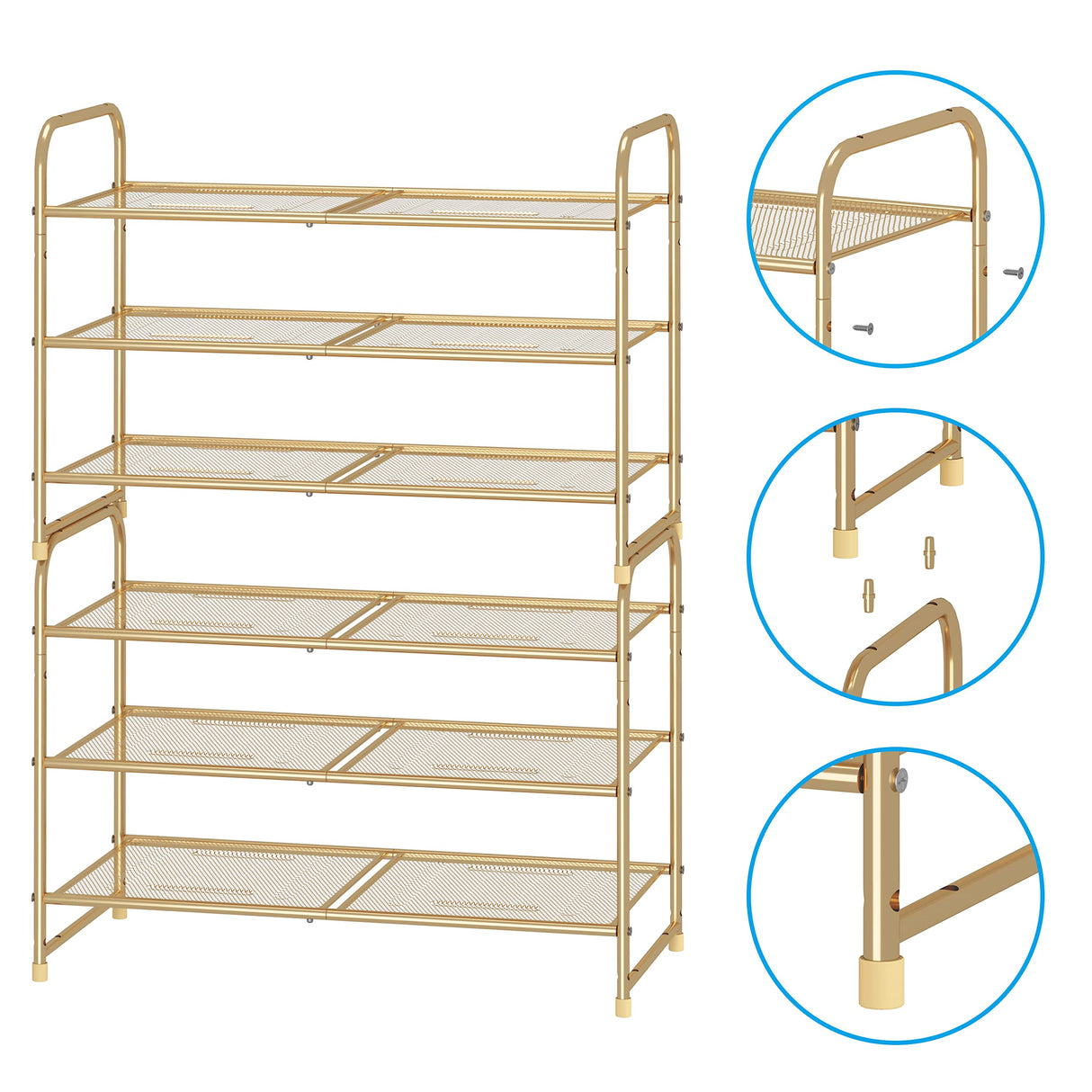 Simple Trending 3-Tier Stackable Shoe Rack, Expandable & Adjustable Shoe Shelf Storage Organizer, Metal Mesh, Gold Simple Trending