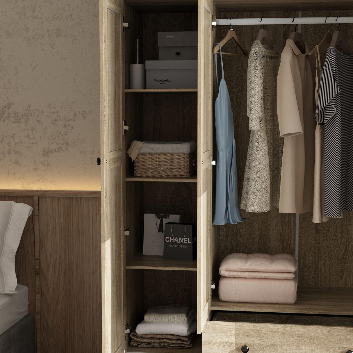 MOUMON 4 Rattan Door Wardrobe with Shelves and Drawers, Armoire Wardrobe with 2 Clothing Rods, Top Storage, Closet for Bedroom Oak 19" D x 59”W x 94.5”H MOUMON