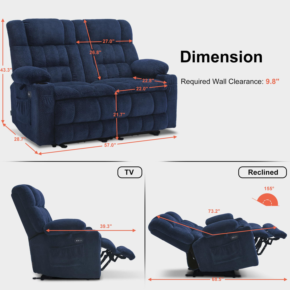 MCombo 57" Power Loveseat Recliner, Electric Reclining Loveseat Sofa with Heat and Vibration, Cupholders, USB Charge Ports for Living Room RS6314 (Navy Blue) MCombo
