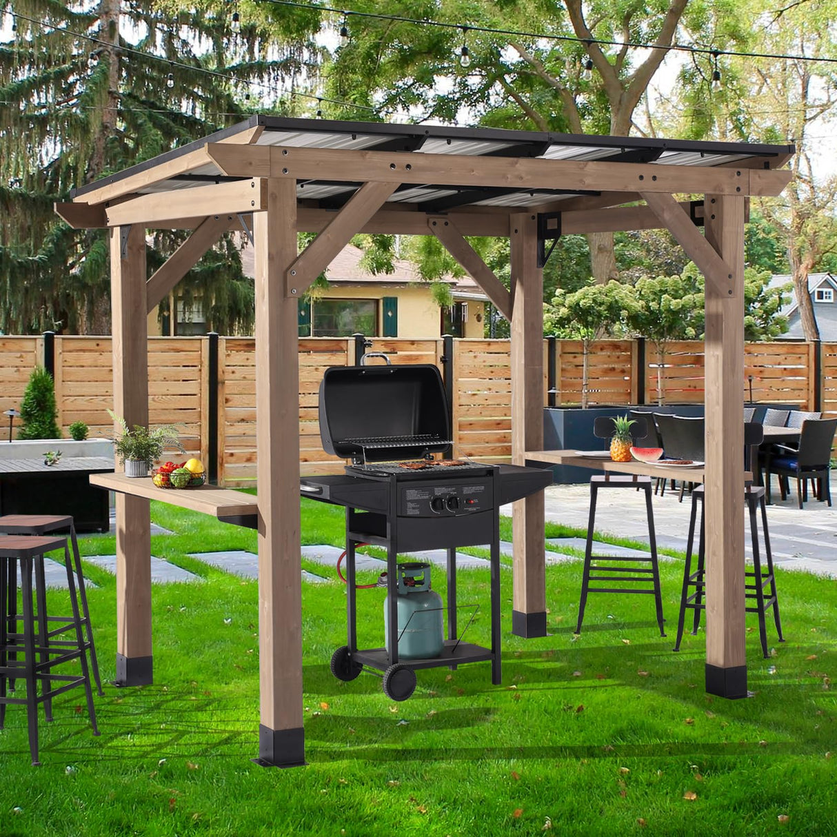 8x6 FT Wood Grill Gazebos, BBQ Wooden Gazebo with Hardtop Sloping Steel Roof, Wood Outdoor Pavilion with 2 Side Storage Shelves,Cedar Frame Patio Gazebo for Barbecue, Garden, Deck (Grey) StarEcho