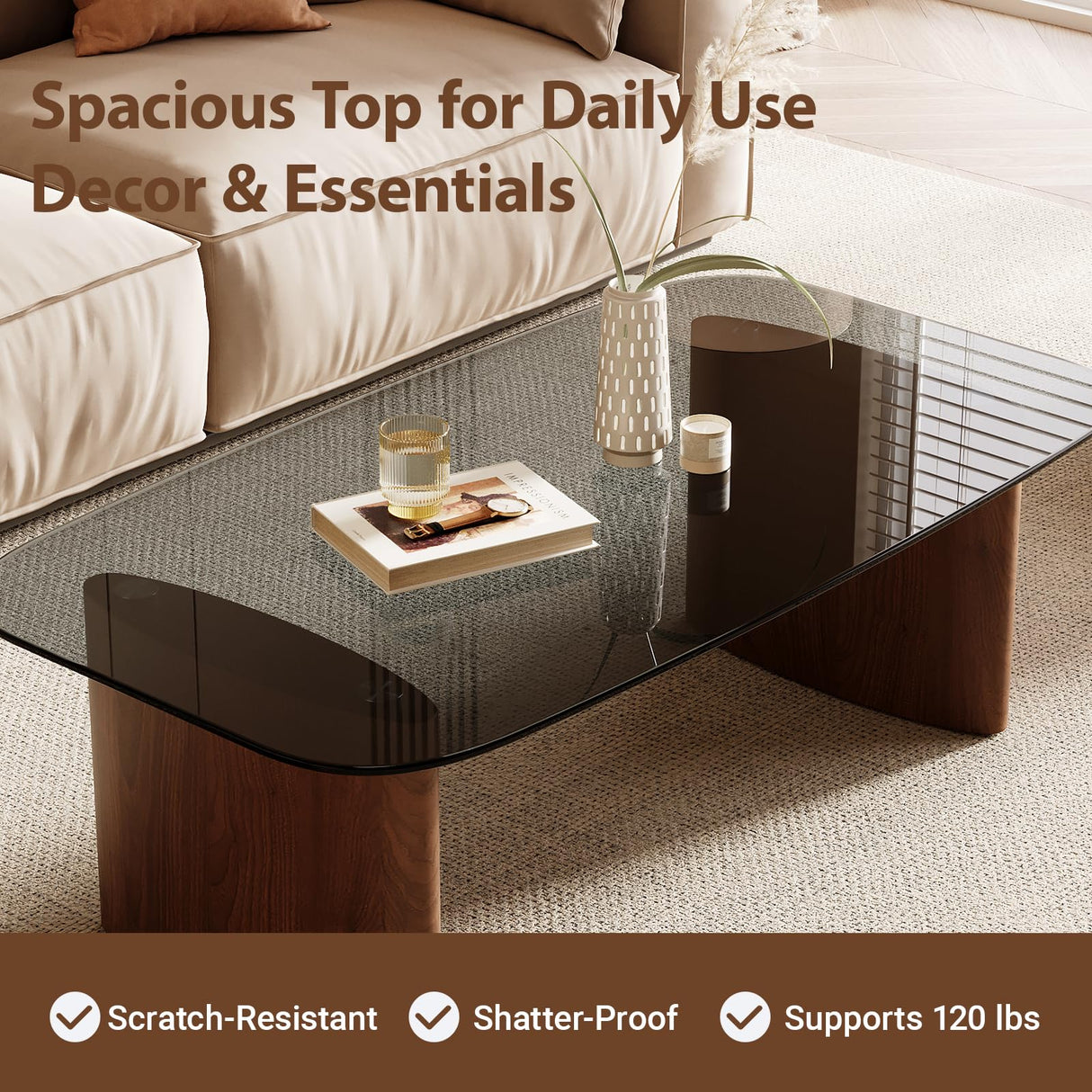 Modern Glass Coffee Table, Coffee Table for Living Room,Tempered Glass-top with Sturdy Wooden Base, Modern Coffee Tables for Small Space, Apartment, Office, Minimalist Design (Walnut) Honyee