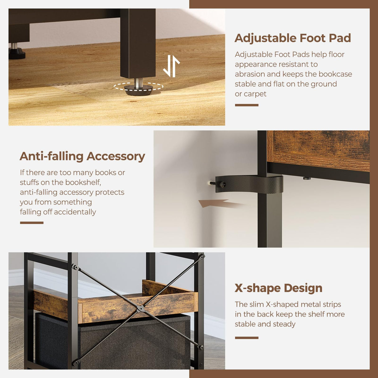 Rolanstar Bookshelf 5 Tier with Removable Drawer, Tall Narrow Bookcase, Industrial Wooden Display Shelves for Bedroom, Living Room, Office, Kitchen, Rustic Brown Rolanstar