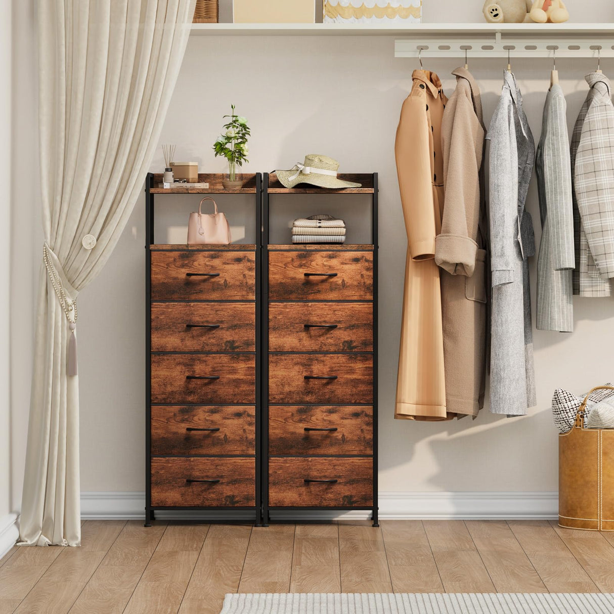 Somdot Tall Night Stand for Bedroom,Tall 5 Drawers Dresser, Vertical Storage Tower Unit, Nightstand Furniture with Fabric Drawer Organizer in Bedside Kids Room, Laundry Entryway, Wood Grain Print Somdot