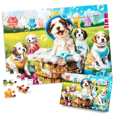 100 Piece Puzzles for Kids Ages 4-6 6-8 8-10 Year Old - Puppies and Bubbles, 100 Pieces Jigsaw Puzzles for Kids, Children Learning Educational Toys Gift for Boys and Girls