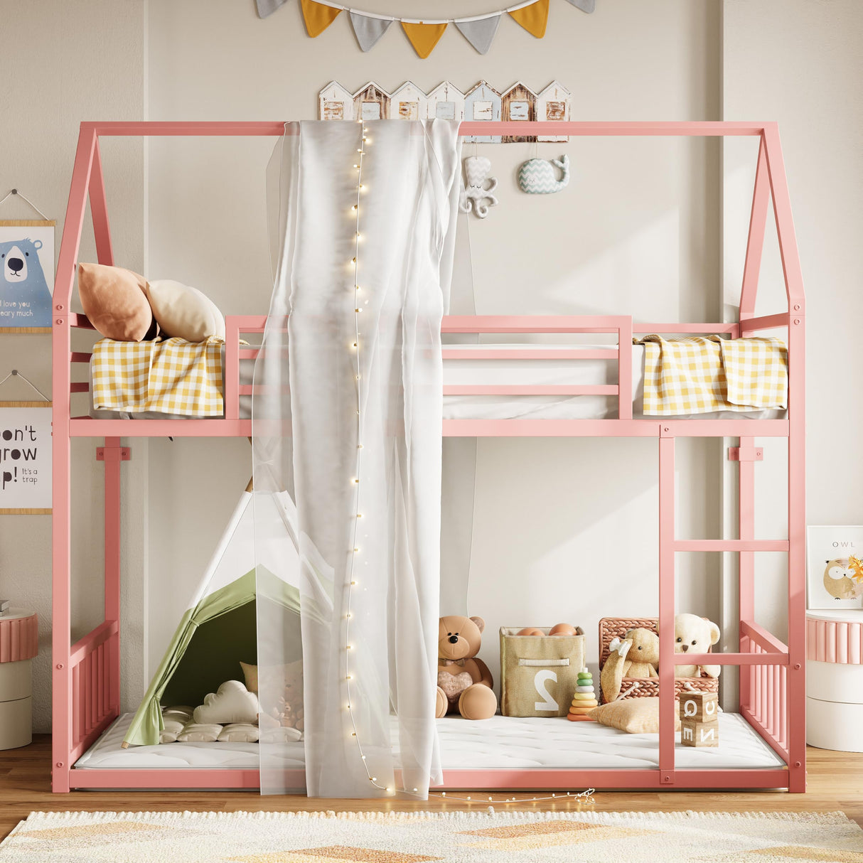 LIKIMIO Bunk Bed Twin Over Twin, House Bunk Bed Frame with Ladder and Guardrail, House Shaped with Metal Slats for Dormitory and Bedroom, Space Saving, No Box Spring Needed, Pink LIKIMIO