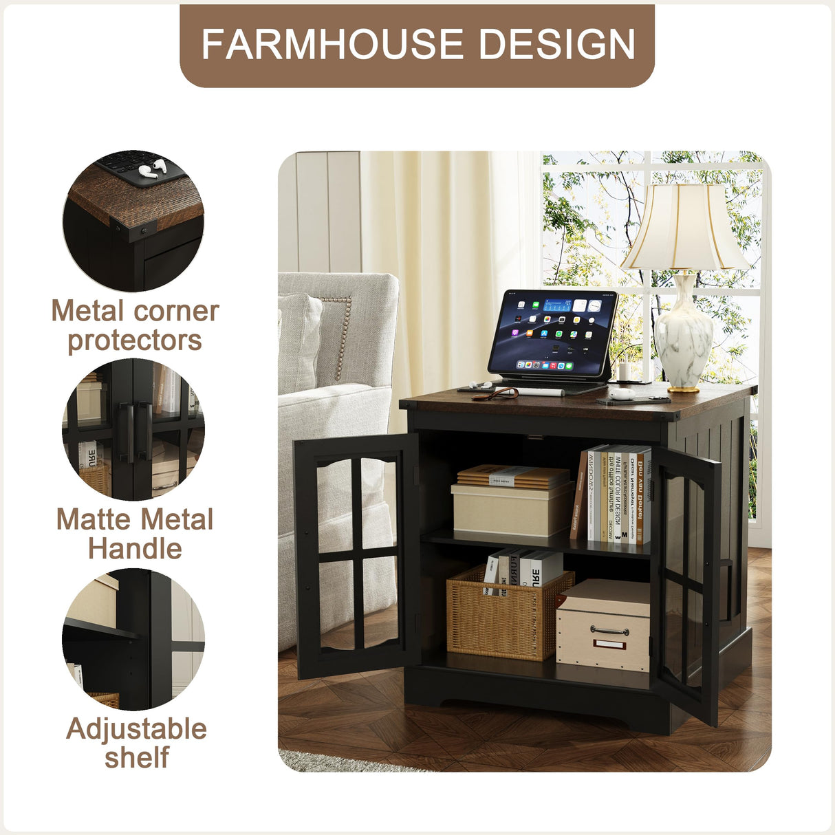 ChooChoo Rustic End Table, 24" Large Sofa Side Table with Charging Station & LED Light, Black Nightstand with Adjustable Storage Shelf, Square Bedside Table for Living Room, Bedroom, Office ChooChoo