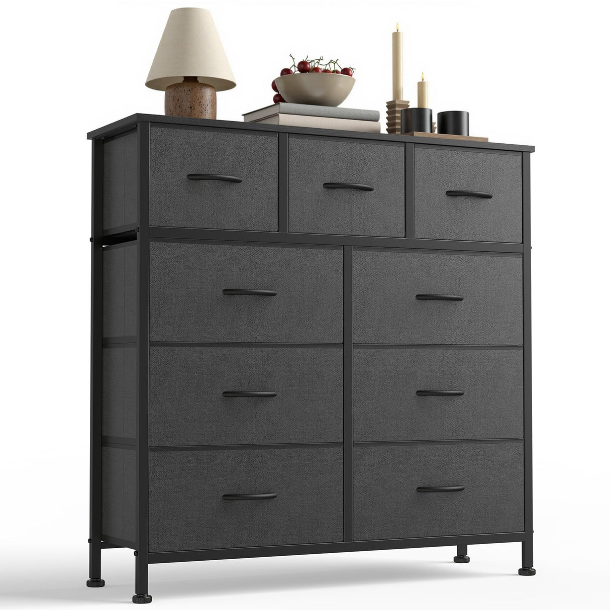 DUMOS 9 Drawer Dresser, Fabric Storage Organizer with Sturdy Metal Frame and Wooden Top, Modern Chest of Drawers for Bedroom Closet Entryway,Grey DUMOS