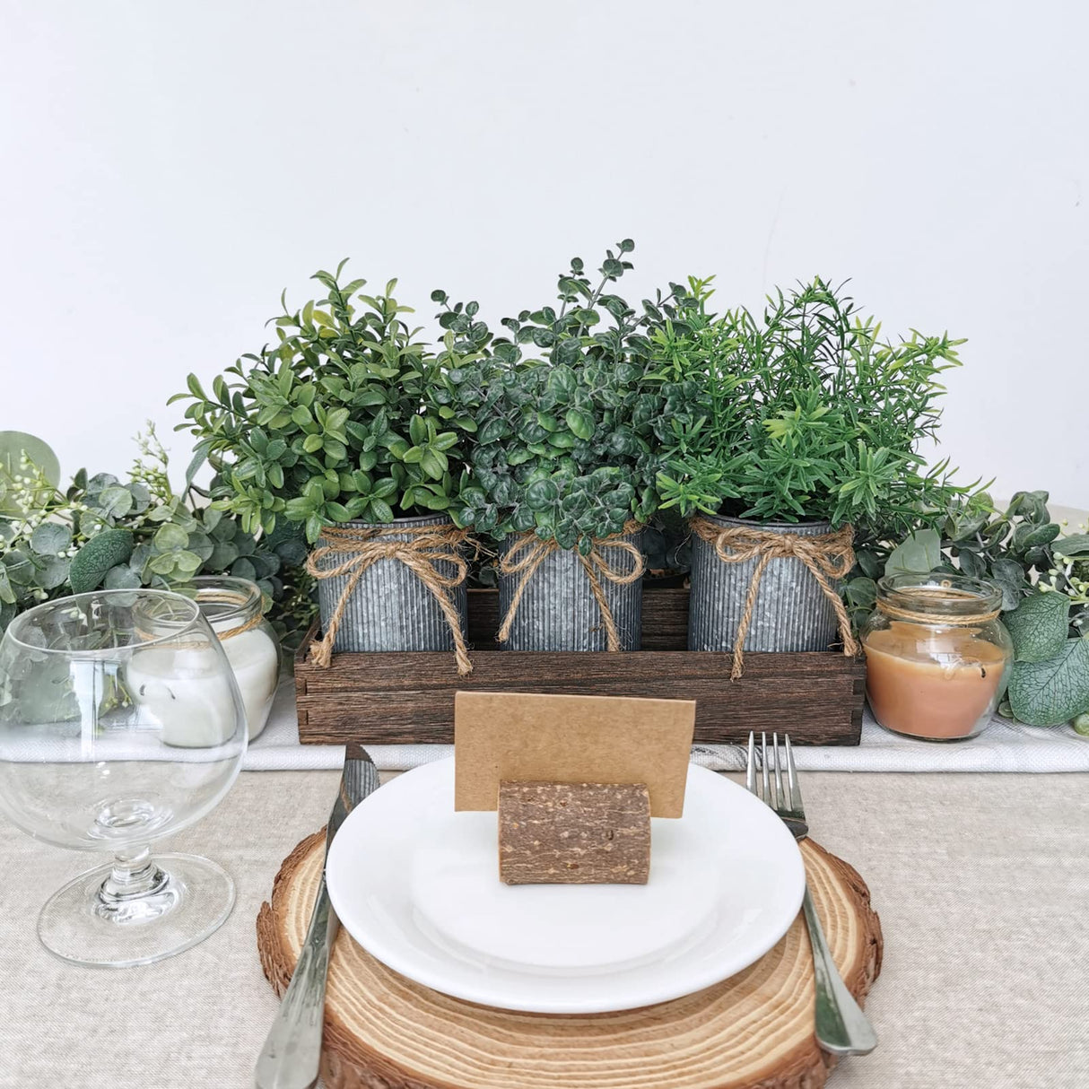 Set of 3 Mini Potted Plants Arrangement Faux Boxwood Eucalyptus Rosemary Plants in Rustic Galvanized Metal Pots with Rectangle Wood Box for Farmhouse Table Centerpiece Mantel Kitchen Greenery Decor Winlyn