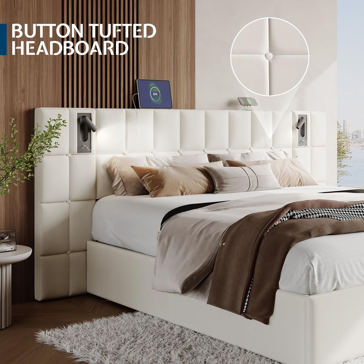 Jocisland King Size Upholstered Bed Frame with Widened Headboard,Lift-Up Storage Bed and Built-in Reading Light, Velvet Platform Frame, No Box Spring Required,Cream Jocisland