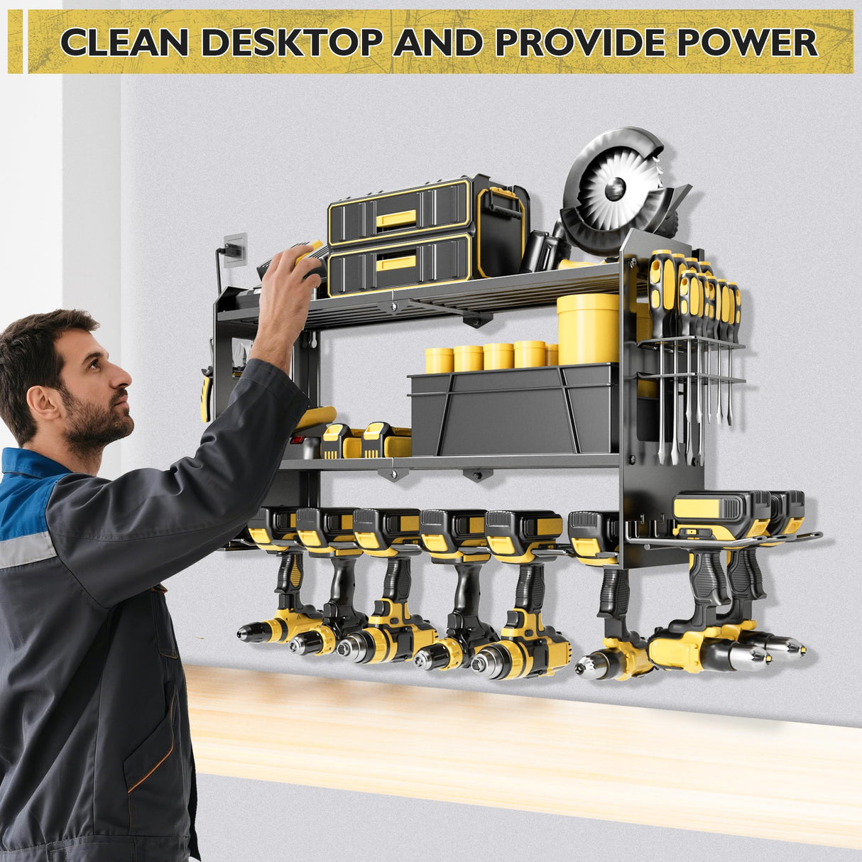 Power Tool Organizer Wall Mount with Charging Station, Cordless Drill and Battery Holder Shelf for Garage Organization,Heavy Duty Metal Tool Rack Storage, Load 300lbs, Built in 5 Outlet Power Strip massooan