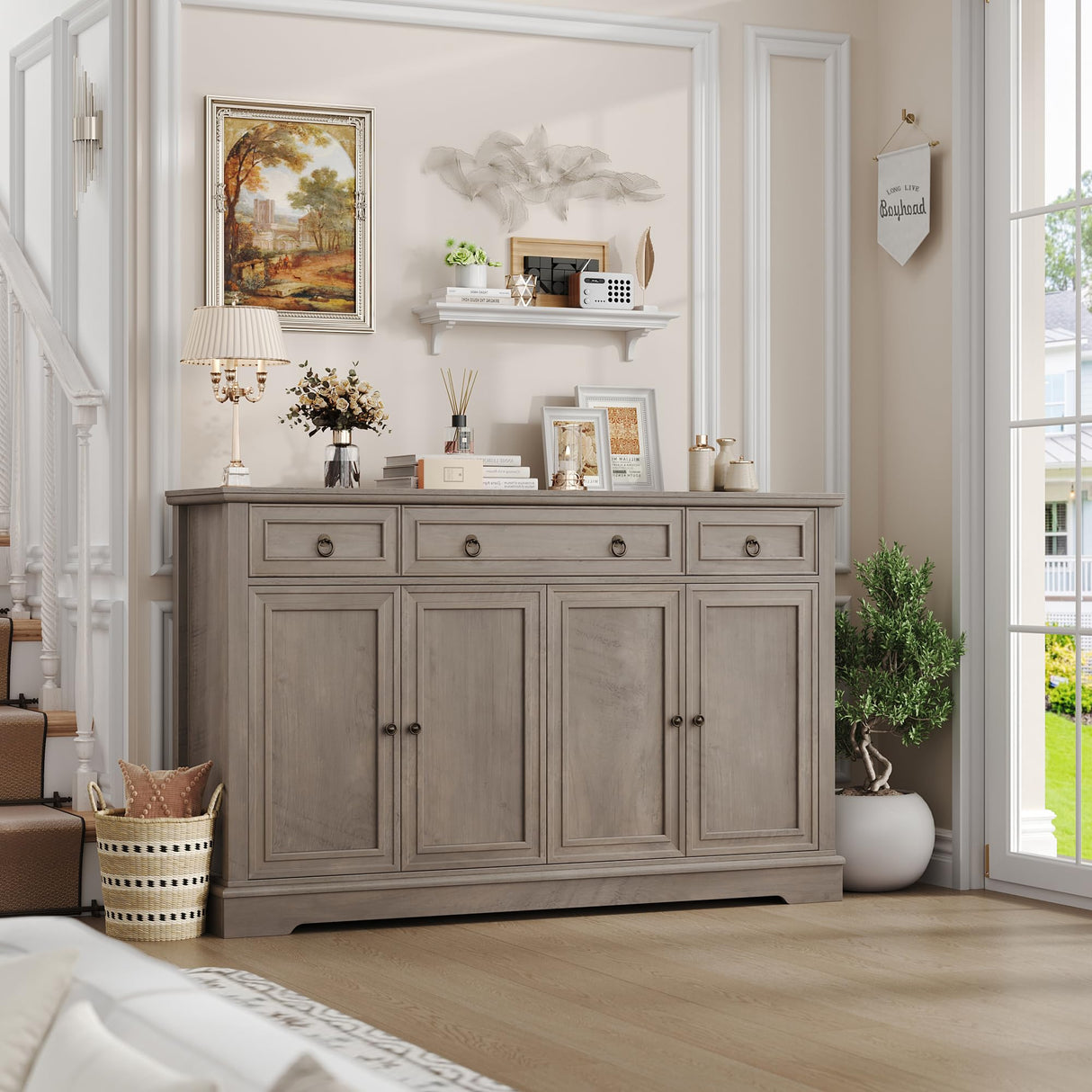 finetones Buffet Cabinet with Storage, 55.1" Large Sideboard Buffet Cabinet, White Kitchen Cabinet with 3 Drawers and 4 Doors, Wood Coffee Bar Cabinet for Kitchen Dining Room, Ash Grey finetones