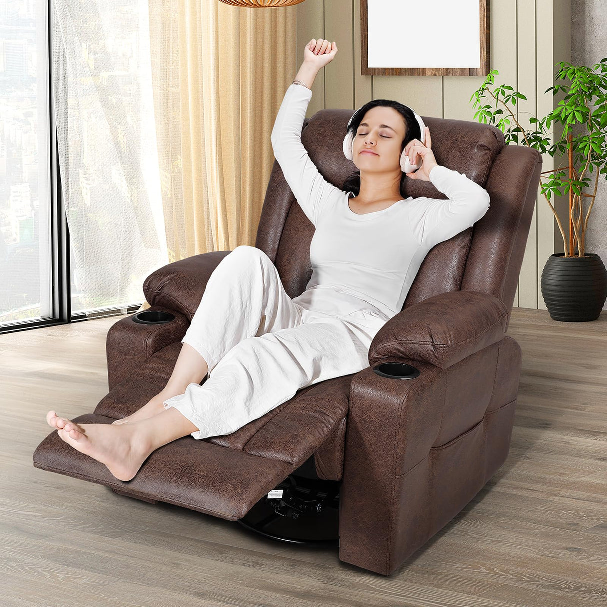 LAFWELL Retro Rocking Recliner Chair, Massage Rocker Recliner Chair with Vibration Massage and Heat, USB and Type-C Ports,360° Swivel Chairs,Living Room, Bedroom, Nursery, RV, Brown LAFWELL